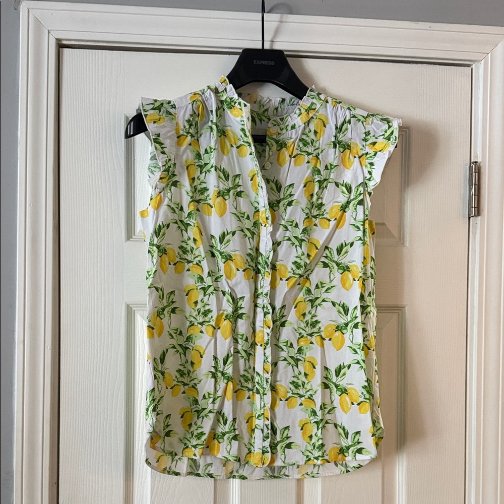 LOFT White Blouse with Lemon and Green Leaf Print
